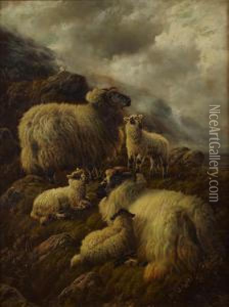 Sheep On A Mountain Outcrop Oil Painting - Robert Watson