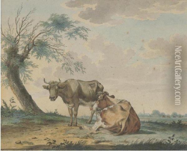 Zwei Kuhe In Weiter Landschaft. Oil Painting - Pieter Janson