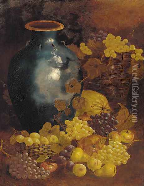 An earthenware vase, grapes on the vine in a basket and apples and pears Oil Painting - English School