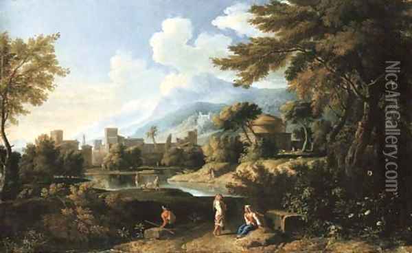 An Roman landscape with peasants resting by a lake with the church of San Andrea Vignola Oil Painting - Jan Frans Van Bloemen (Orizzonte)