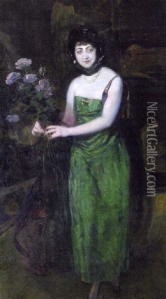 Portrait De Femme En Robe Verte Oil Painting - Albert Besnard