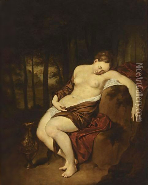 A Nude Woman Sleeping In A Forest, With A Silver Gilt Jug Beside Her Oil Painting - Jan Van Mieris