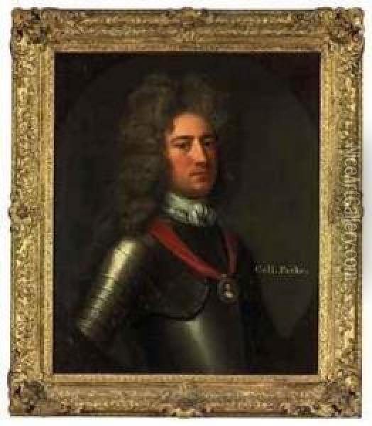 Portrait Of Colonel Daniel Parke
 (1664/5-1710), Colonial Governorand Army Officer, Bust-length, In 
Armour, With A Miniature Portraitof Queen Anne Oil Painting - Michael Dahl