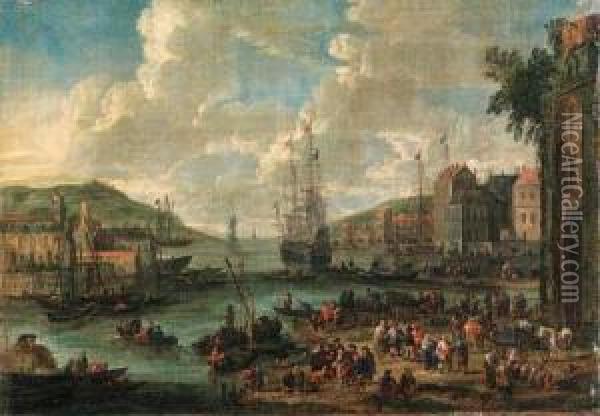 A Port, With Men-o-war And Other Shipping, Townsfolk And Fishermenon The Shore Oil Painting - Adriaen Frans Boudewijns