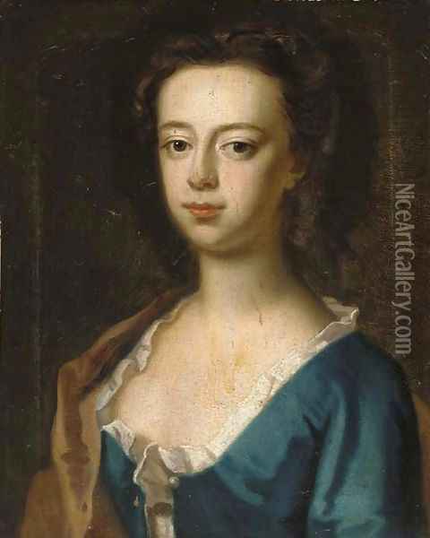 Portrait of a lady, bust-length, in a blue dress and brown wrap Oil Painting - Sir Godfrey Kneller