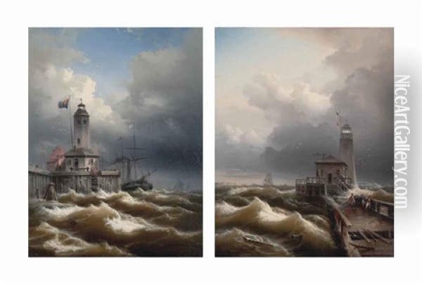 A Steamer Rounding A Swedish Lighthouse (+ Making Repairs In A Storm At A Dutch Lighthouse; Pair) Oil Painting - Eduard Schmidt