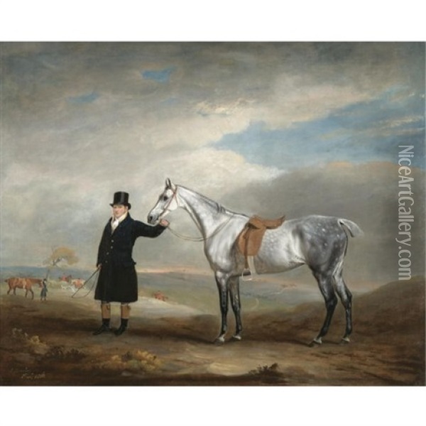 Lord Herbert's Grey Mare Being Held By A Groom, A Hunt Beyond Oil Painting - John E. Ferneley