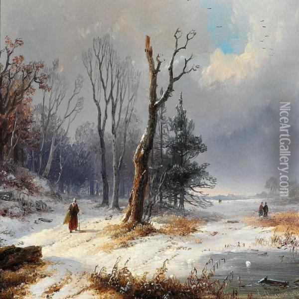 Winter Landscape With Figures Oil Painting - Remigius Adriannus van Haanen