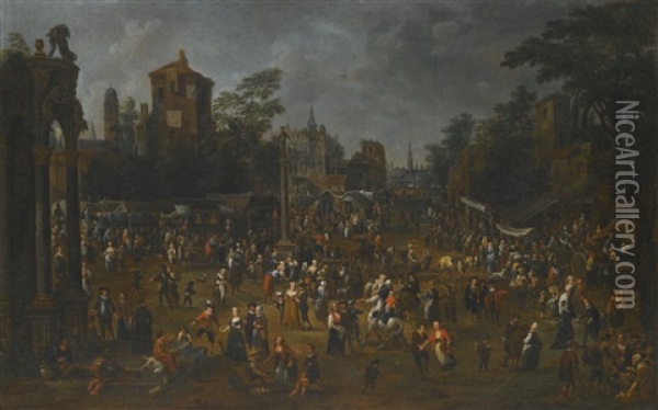 A Busy Market Scene In A Town Square With Many Figures Shopping, Bargaining And Socializing Beneath A Statue Of Justice In The Centre Oil Painting - Peeter van Bredael