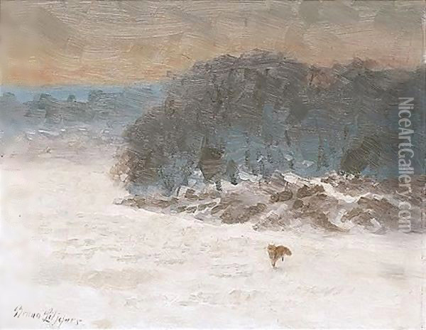 Rav I Vinterlandskap (Snow Landscape With Fox) Oil Painting - Bruno Andreas Liljefors