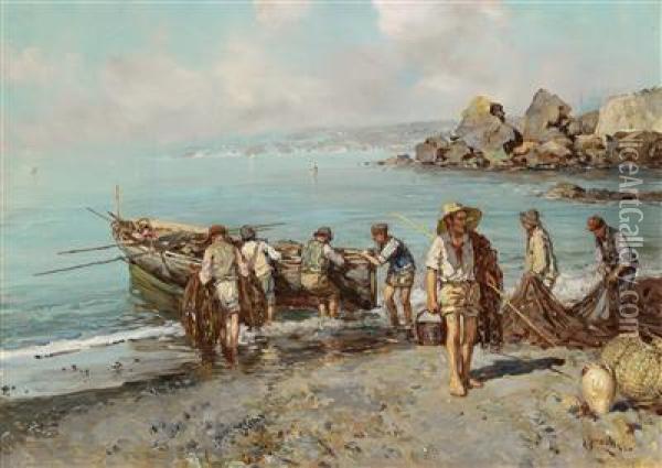 Fishermen On The Neapolitan Coast Oil Painting - Giuseppe Giardiello