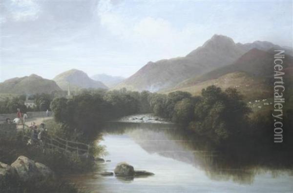 Angler With Creel Beside The Greta, Nr Keswick, Label Verso Oil Painting - Thomas Christopher Hofland