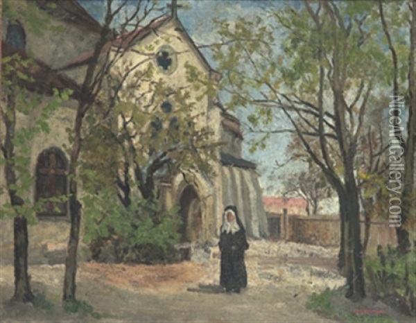 Nunna Vid Kyrkan, Bretagne Oil Painting - Carl Skanberg