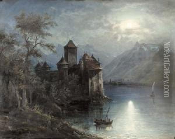 Chateau Chillon Bei Vollmond. Oil Painting - Franz Adolf C. Muller