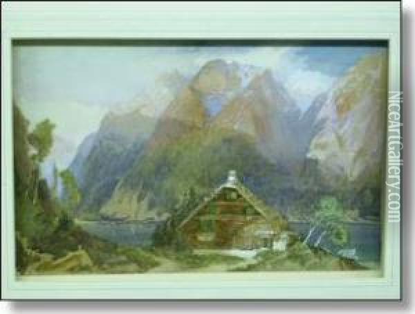 Alpine Chalets With Lake And Mountains Beyond Oil Painting - Richard Principal Leitch