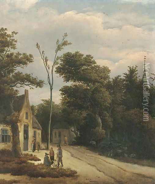A wooded landscape with villagers conversing by a track Oil Painting - Roelof van Vries