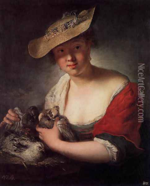Girl with Pigeons 1728 Oil Painting - Antoine Pesne