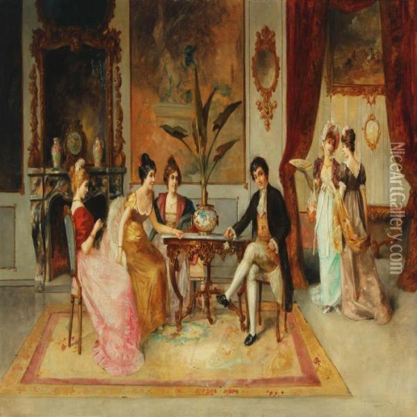 Interior With Conversation Gentleman And Women Oil Painting - Franz Von Persoglia