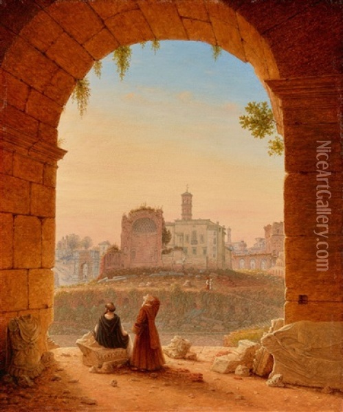 View Of The Forum Romanum Seen From The Colosseum Oil Painting - Johann Wilhelm Bruecke