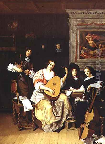 Interior with a group of musicians Oil Painting - F. Sant-Acker