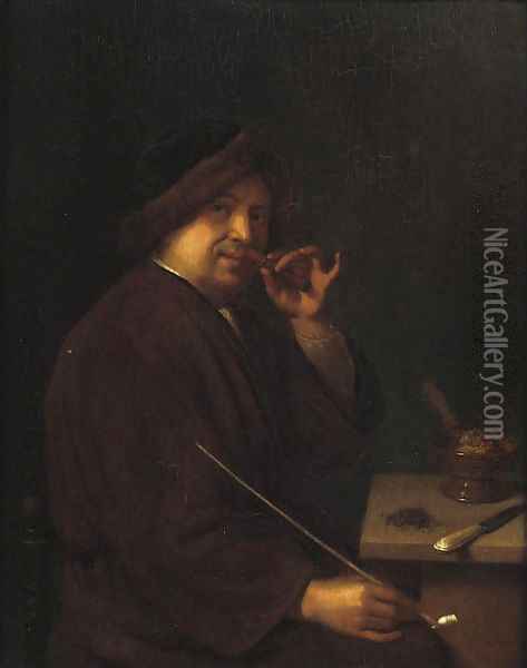 A young man seated at a table holding a cigar in one hand and a pipe in the other; an Allegory of Smell Oil Painting - Mathijs Wulfraet