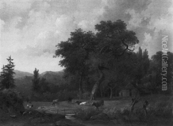 A Wooded Landscape With Cattle In A Meadow Along A Ditch, A Farm Nearby Oil Painting - Hendrik Frederik Verheggen