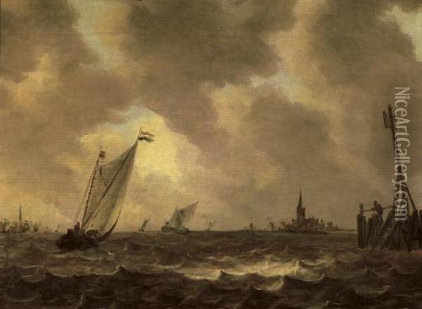 Sailing Vessels In Choppy Waters Oil Painting - Jan van Goyen