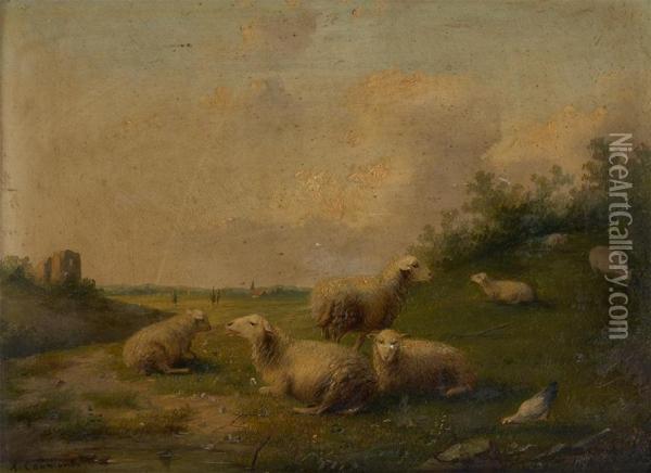Moutons Devant La Ruine Oil Painting - Auguste Coomans