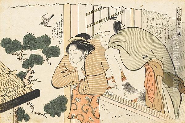 A Couple Making 
Love On The Ledge Of An Open Window Oil Painting - Katsukawa Shuncho