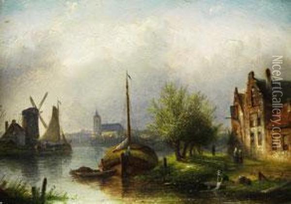 Uferlandscahft Mit Anlegenden Segelschiffen Oil Painting - Jan Jacob Coenraad Spohler
