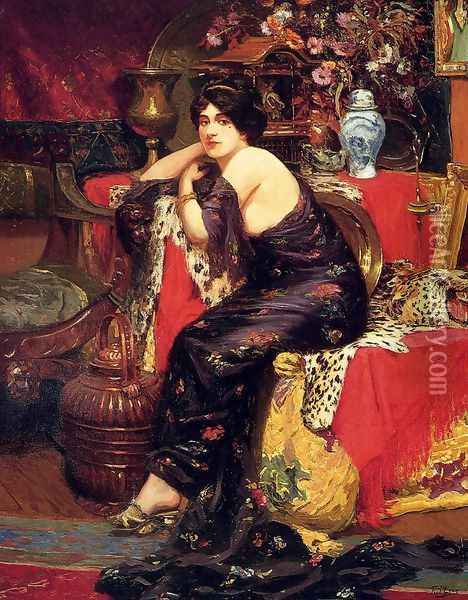 A Harem Beauty Seated On A Leopard Skin Oil Painting - Frederic Louis Leve
