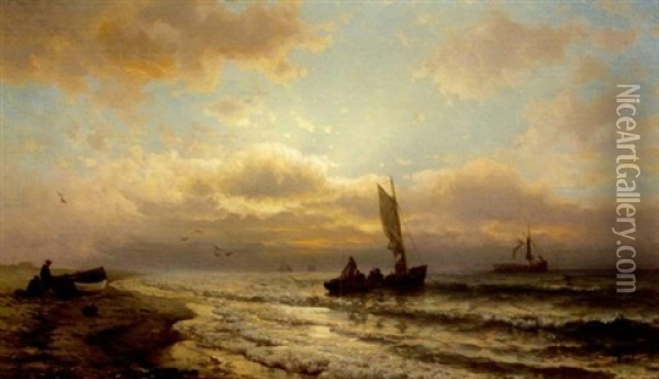 Fishermen At Sunset (montauk?) Oil Painting - Mauritz Frederick Hendrick de Haas