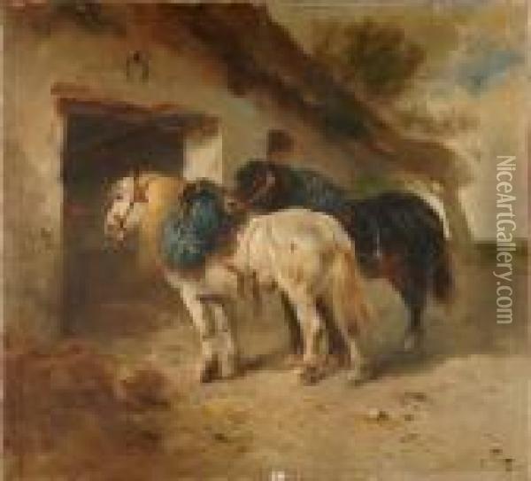 Deux Chevaux Arnaches Devant L'ecurie Oil Painting - Henry Schouten