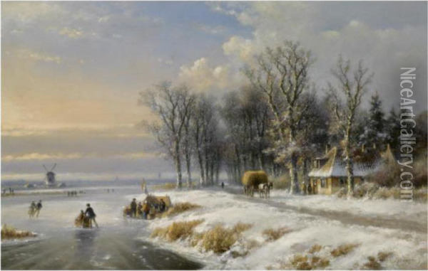 Skaters On The Ice Near A 'koek En Zopie' Oil Painting - Lodewijk Johannes Kleijn