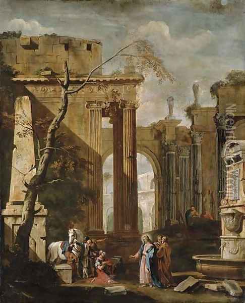 Christ and the Centurion in a ruined temple Oil Painting - Pieter Casteels III