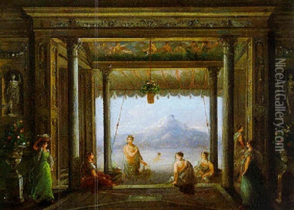 Ladies In An Elegant Bath House On A Lake Oil Painting - Giuseppe Bernardino Bison