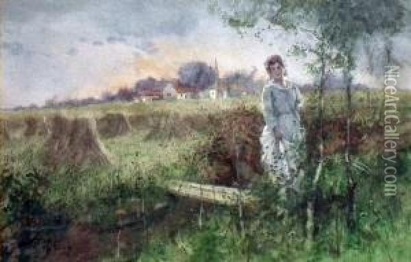 River Landscape With Woman To Foreground Standing By A Small Bridge Oil Painting - Hutton Mitchell