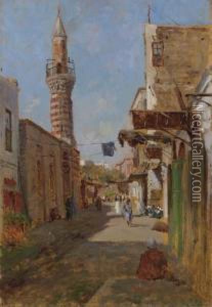 A Section Of The Main Street Of The Fatimid Area Of Al-qahira Oil Painting - August Lovatti