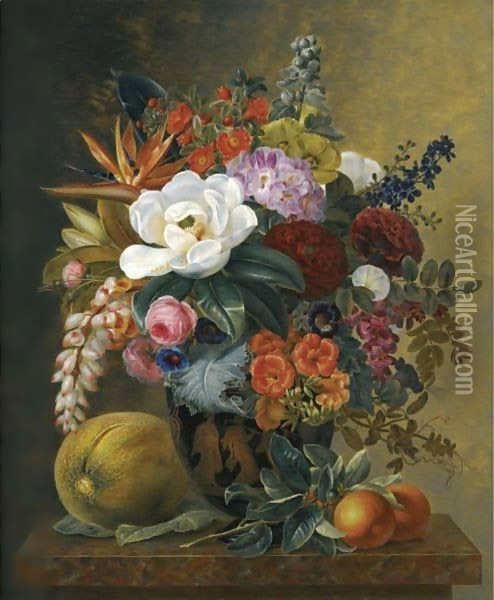 Exotic Blooms in a Grecian Urn with Fruit on a Marble Ledge Oil Painting - Johan Laurentz Jensen