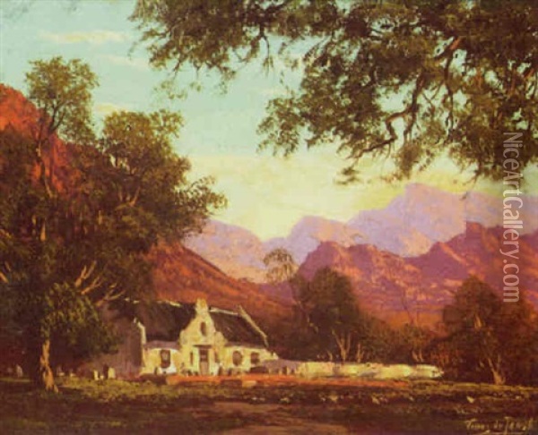 Homestead By Mountains At Sunset Oil Painting - Tinus de Jongh