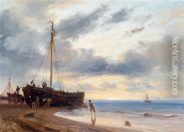 Vissers Bij Boot Op Het Strand In De Late Middag Oil Painting - Nicolaas Johannes Roosenboom
