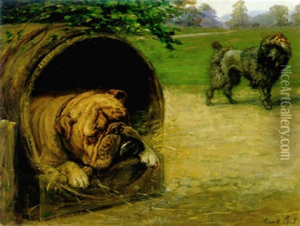 British Bulldog And French Poodle Oil Painting - Maud Earl