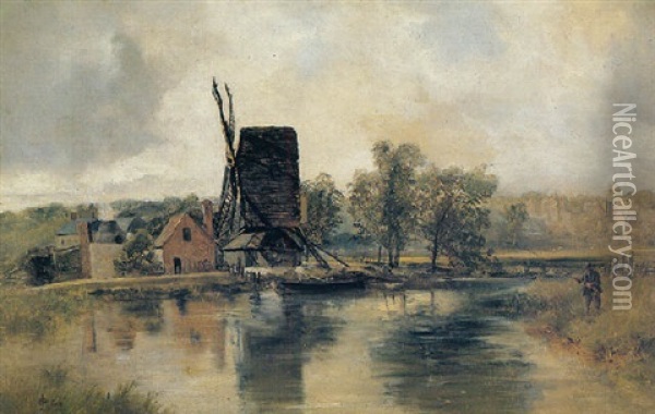 Angler Fishing Beside A Windmill Oil Painting - John Wright Oakes