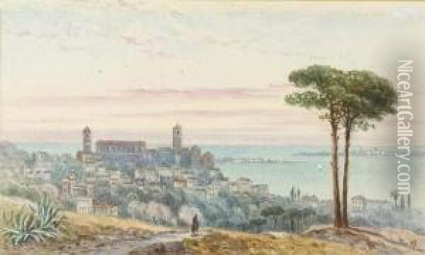 Views On The Mediterranean Coast, Thought To Be Cannes Oil Painting - Henry Pilleau