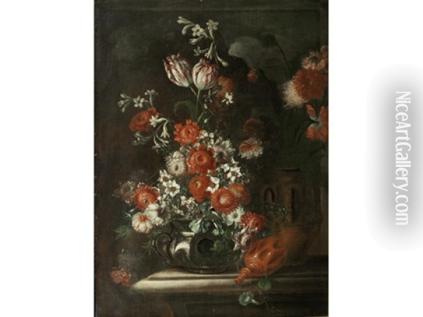 Tulips, Narcissi, Carnations And Other Flowers In A Pewter Vase On A Stone Ledge Oil Painting - Nicola Casissa