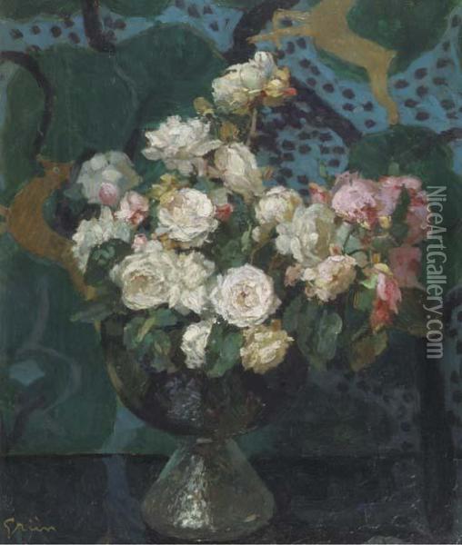 A Still Life With White And Pink Roses In A Glass Vase Oil Painting - Jules-Alexandre Grun