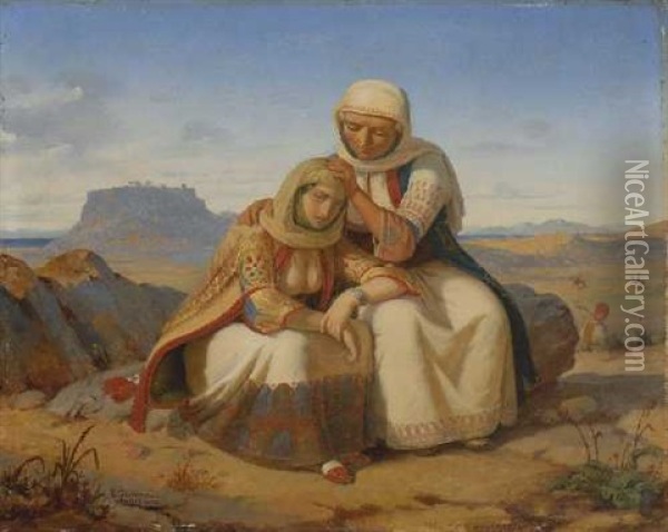 Mutter Und Tochter Vor Griechischer Landschaft Oil Painting - Pierre Bonirote