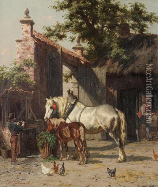 Horse And Foal Near A Stone Gateway With Stable Boy And Knife Grinder Oil Painting - Willem Jacobus Boogaard