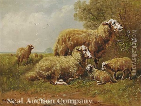 Sheep (+ Chicken And Roosters; 2 Works) Oil Painting - Henry Schouten