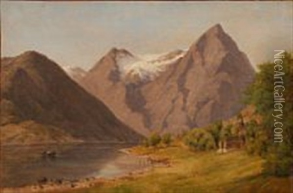 Cottages By A Lake In The Alps Oil Painting - August Wilhelm Boesen